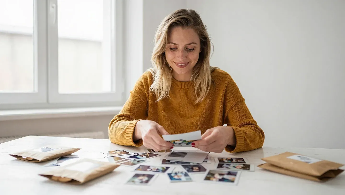 Nainen loungewear-asuinen sisällöntuottaja istuu ruokapöydän ääressä lajittelemassa polaroid-kuvia ja pieniä postipaketteja hämärässä luonnonvalossa.