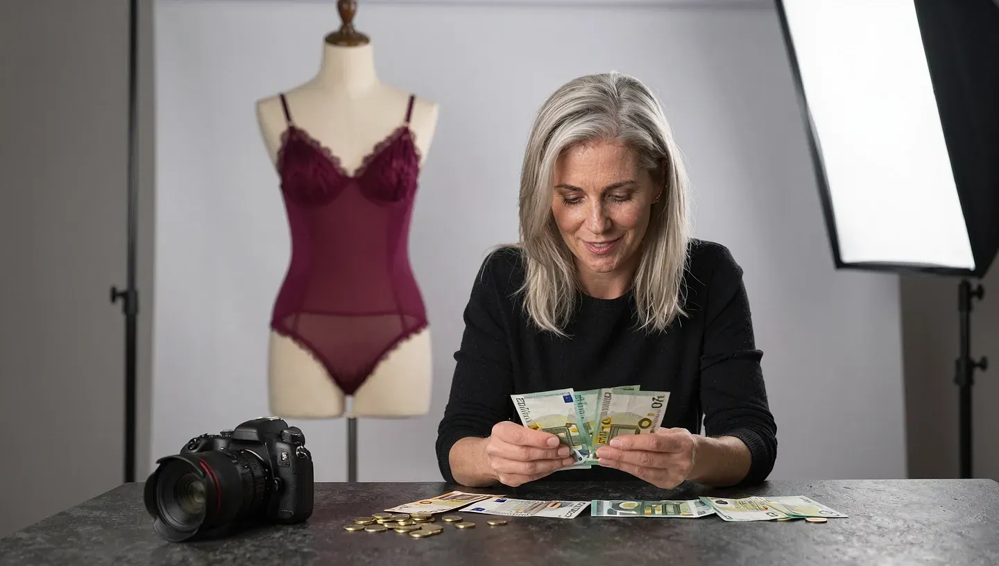 Valokuvaaja studiossa laskee euroseteleitä ja kolikoita pöydällä kameran vieressä, lasipurkki puolillaan, taustalla viininpunainen lingerie-nukke