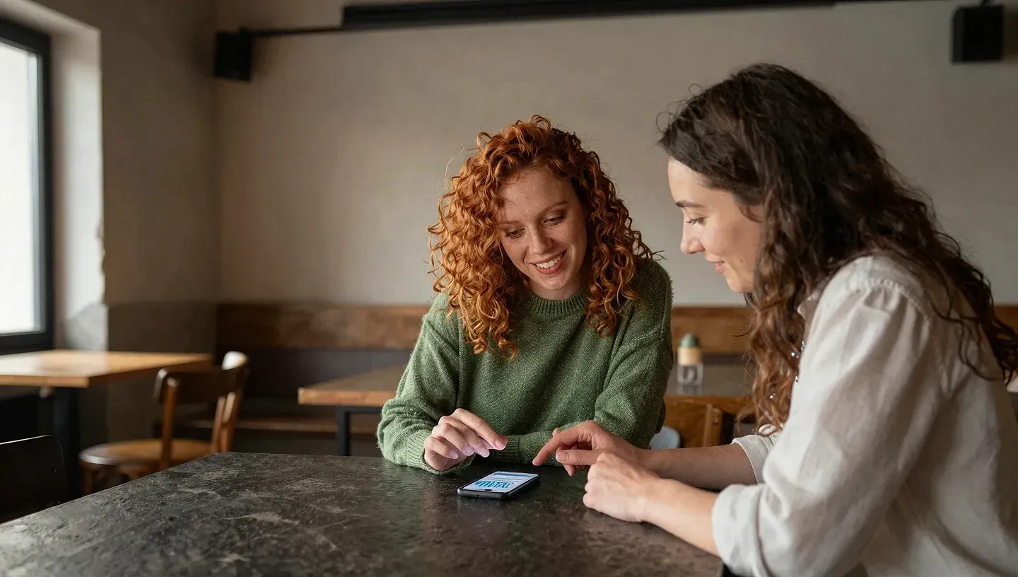 Sisällöntuottaja ja hänen managerinsa istuvat kahvilapöydän ääressä, katsovat puhelimen epätarkkoja kaaviokuvia ja keskustelevat tilaajamäärän kasvusta ja maksu