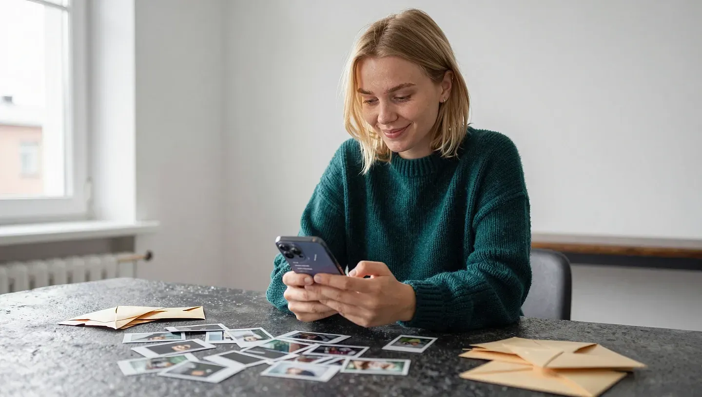 Blondihkö nainen istuu ruokapöydän ääressä, pöydällä polaroideja ja pieniä pehmustettuja kirjekuoria, ja hän naputtaa puhelimeensa kirjautumistietoja.